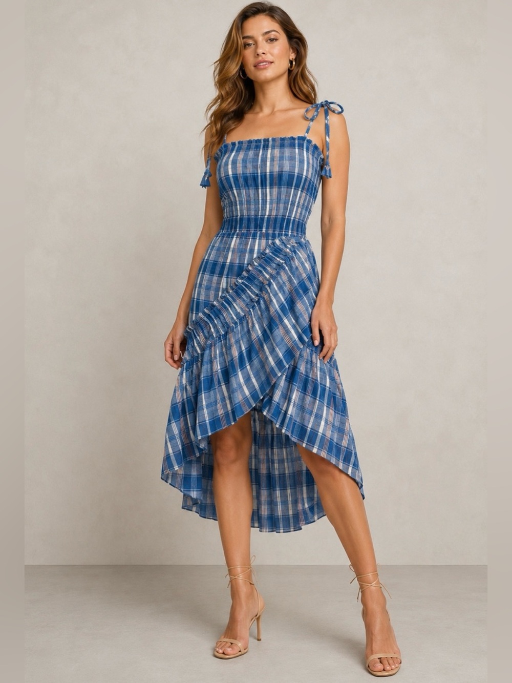 MISA Women’s Fernanda High-Low Midi Dress Checked Size S